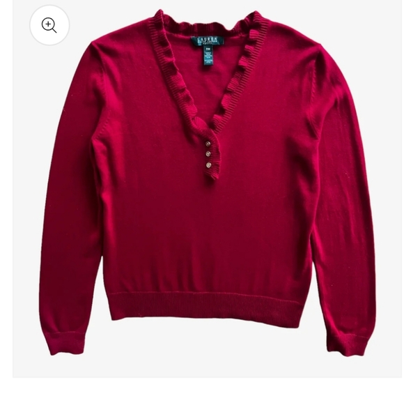 Ralph Lauren Red V-Neck Sweater Ruffle Trim Button Placket Cotton Small - Picture 4 of 7